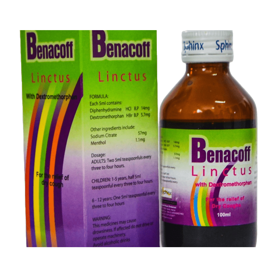 Benacoff Linctus Syrup 100 ml (Diphenhydramine HCl 14 mg, Dextromethorphan HBr 5.7 mg)